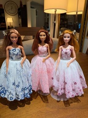 3 Barbie Dolls in Elegant Lace Party Gowns - redheads